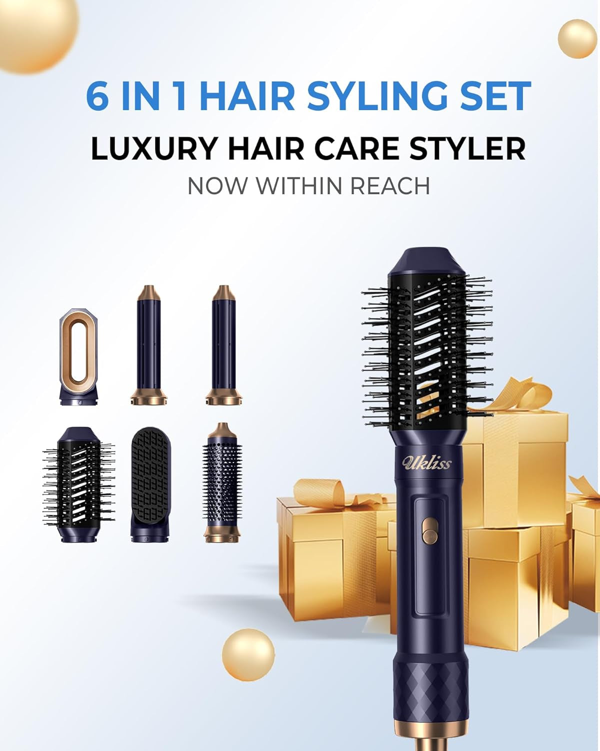 Airstyler 6 En 1 Pro, UKLISS Secador Pelo Profesional Con Cepillo Alisador Pelo, Secador Pelo Rizado, Thermal Brush, Cepillo De Aire Caliente, Hair Dryer Para Volumen, Doblar, Suavizar, Secar (Azul)